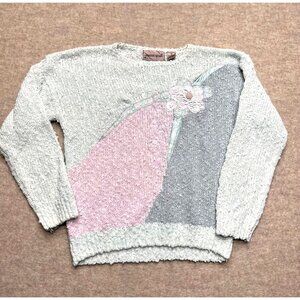 Vintage Sweater Pastel Floral Applique Embroidery Beads 80s Blue Pink Med